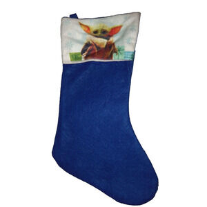 Baby Yoda in Brown Jacket Image on 16" Blue Felt Christmas Stocking by RUZ